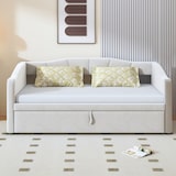thumbnail of Polsterbett ausziehbar Schlafsofa 90x200 auf 180x200 Lattenrost Samtstoff MDF Gästebett platzsparend modern Beige