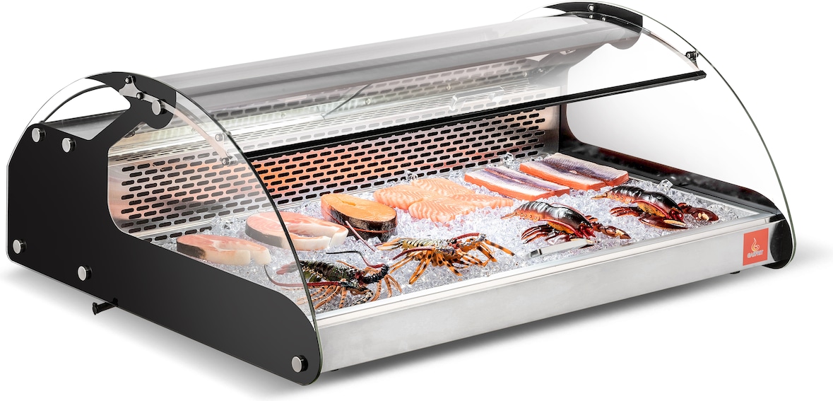 Gasfrit – Kühlvitrine für Fisch mit gebogener Glasscheibe, 1070 × 882 × 419 mm