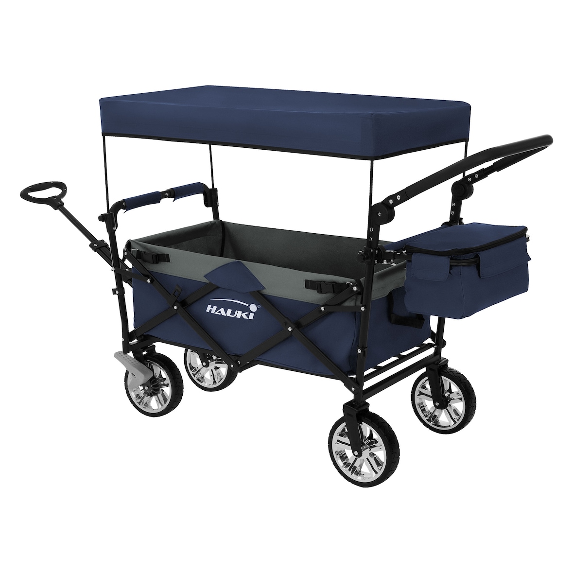 Hauki Bollerwagen XXL Blau-Grau, faltbar mit Dach & Tasche, 360° Räder, Handwagen 120 kg, Transportwagen Kinder, Schiebe-/Ziehbar