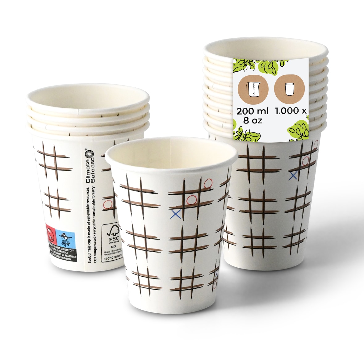 BIOZOYG Pappbecher bedruckt TicTacToe 1000 Stück 200 ml / 8 oz, Ø 80 mm, weiß - Kaffeebecher to go - Pappe beschichtet mit PE - Trinkbecher/Einweg