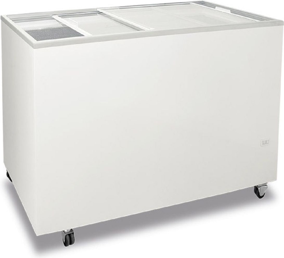 Truhe-Gefrierschrank mit flachem Schiebeglas, Innenfläche gehämmertes Aluminium, Isolierung 60 mm, -13°C/-23°C. FR300PFFK