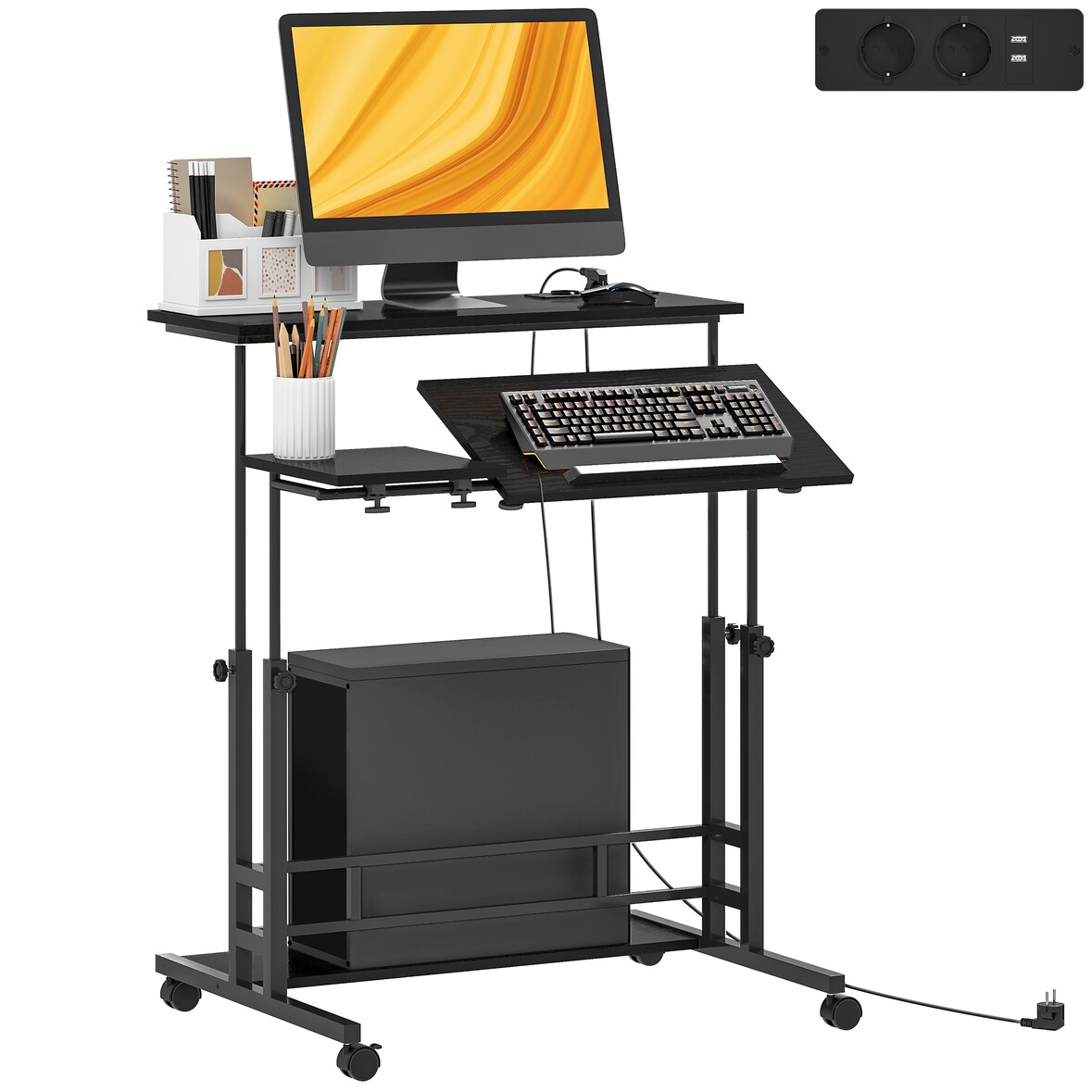 HOMCOM escritorio elevable con ruedas, enchufes, puertos usb, altura ajustable, panel central inclinado y estante, para oficina, hogar, 80x60 cm negro