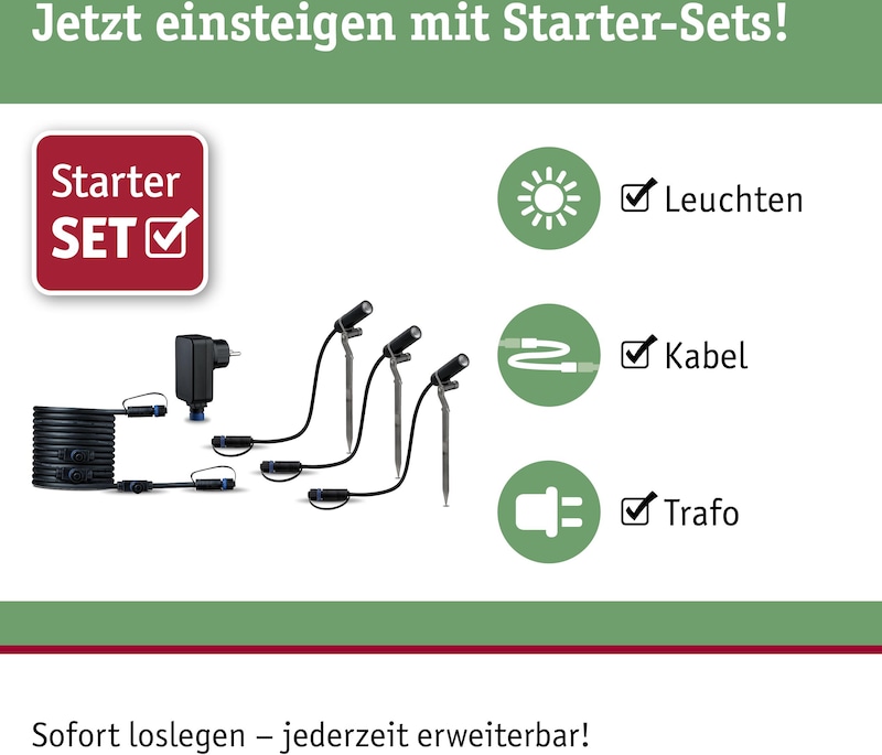 Ein Beleuchtungsset mit Leuchten, Kabel und Trafo.