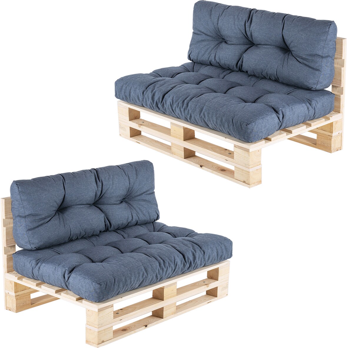 Pack 2 sofás para palets + 2 cojín de asiento 80x120x16 cm + 2 cojín respaldo 42x120x16 cm, Olefin color azul, Repelente al agua