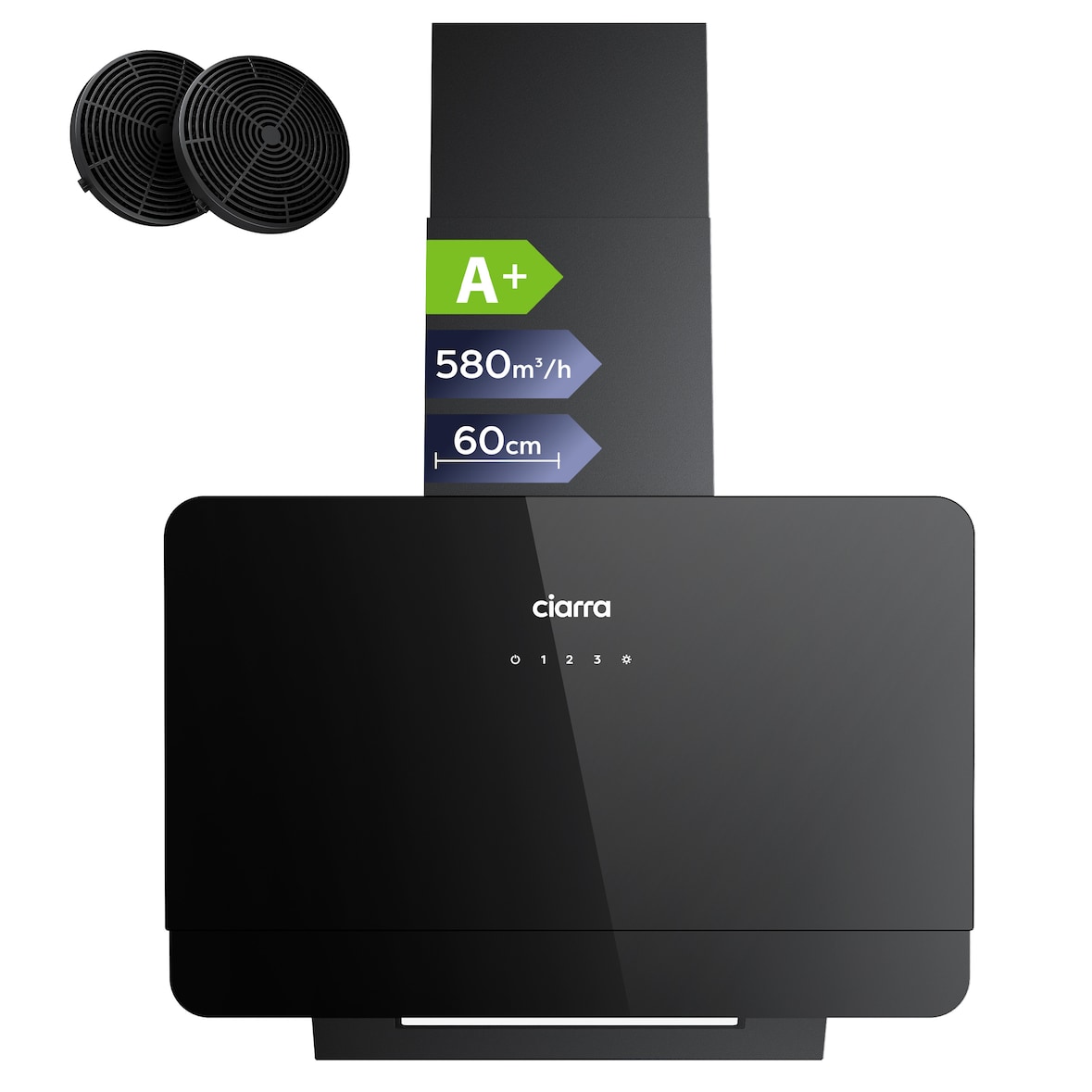 CIARRA Campana de cocina, Campana extractora inclinada, A+ 580m³/h 60cm, recirculación y extracción de aire VM6765CB