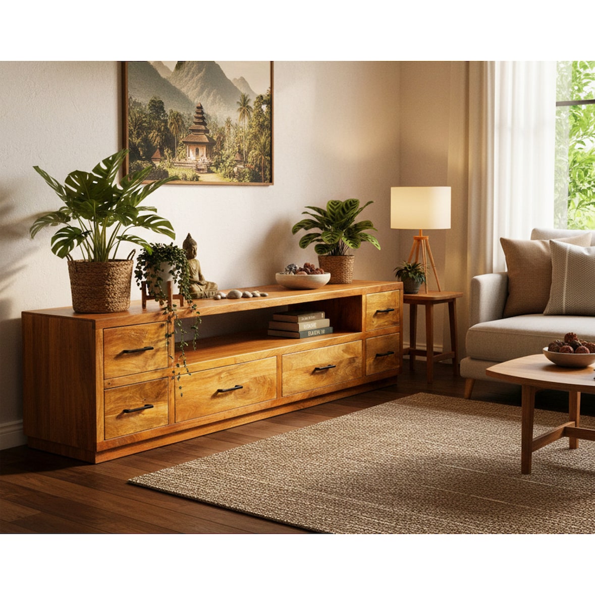 OPIUM OUTLET móveis cômoda armário para TV aparador lowboard "Buff-Low" madeira maciça marrom