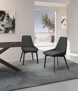 thumbnail of Vera Esszimmerstuhl mit dunkelgrauem Stoffbezug an Sitz und Rückenlehne und Gestell aus massivem Walnussholz – Klassisch-modernes Design
