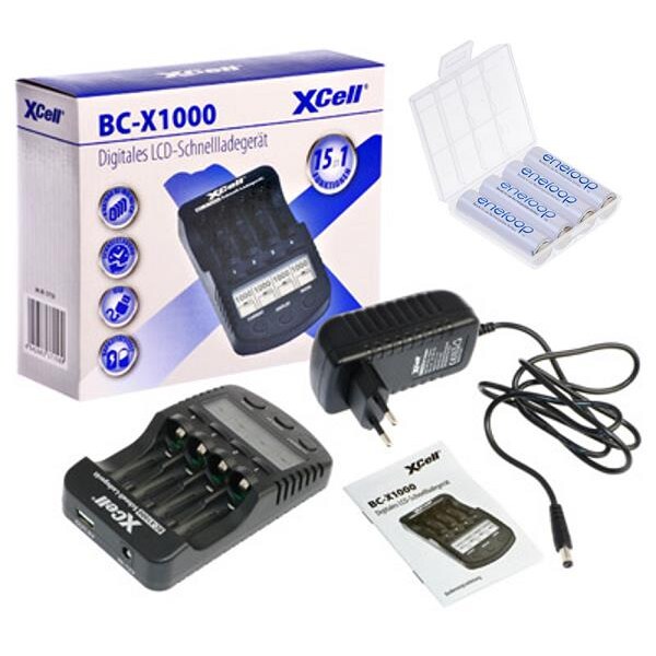 Schnellladegerät mit LCD-Display + 4x eneloop AA Mignon + Akkubox
