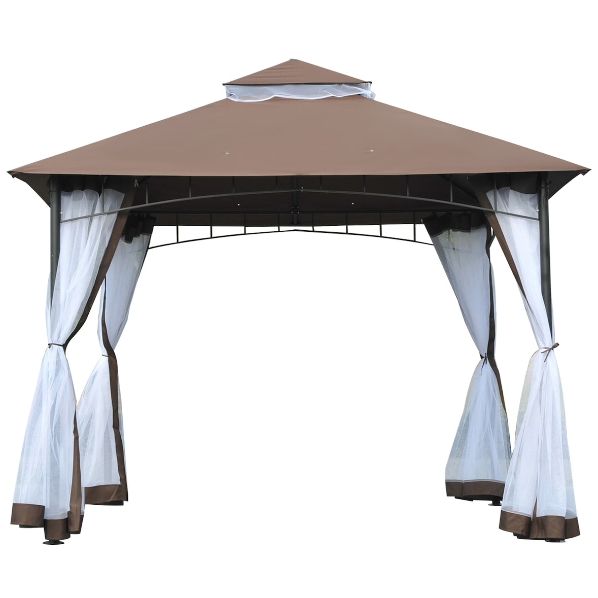Gazebo da Giardino 3x3m con Zanzariera in Metallo e Poliestere Marrone e Bianco