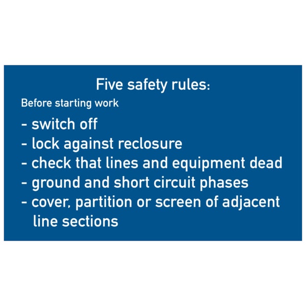 Aushang, 5 Sicherheitsregeln der Elektrotechnik - englisch - 200x120x1.5 mm Kunststoff