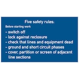 thumbnail of Aushang, 5 Sicherheitsregeln der Elektrotechnik - englisch - 200x120x1.5 mm Kunststoff