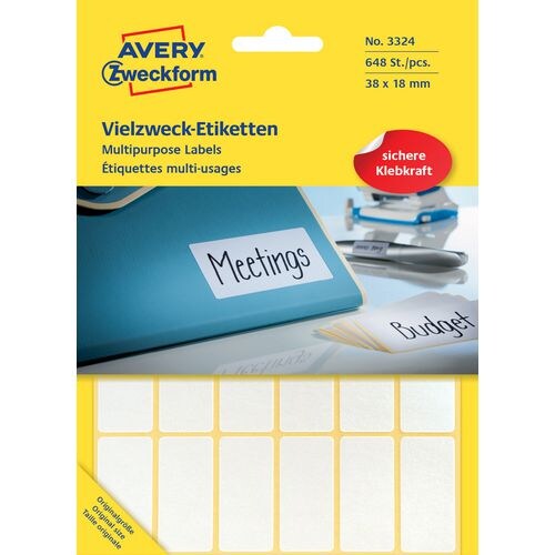 AVERY Zweckform 3324 Universaletiketten Weiß 38 x 18 mm 27 Blatt à 24 Etiketten