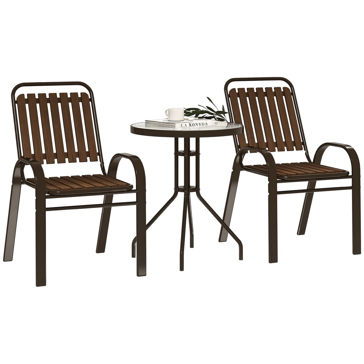 3-teiliges Gartenmöbel-Set – 2 stapelbare Stühle & Tisch mit gehärteter Glasplatte, Stahlrahmen, Dunkelbraun für Terrasse oder Balkon