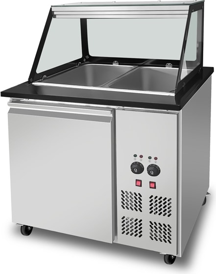 Skyrainbow SNACK-Line Bain-Marie Theke 2x GN1/1,Granit Star Galaxy schwarz,88x82x85,5 Glasaufbau Klarglas schwarzer Rand,ohne Zwischenablage,H=396mm
