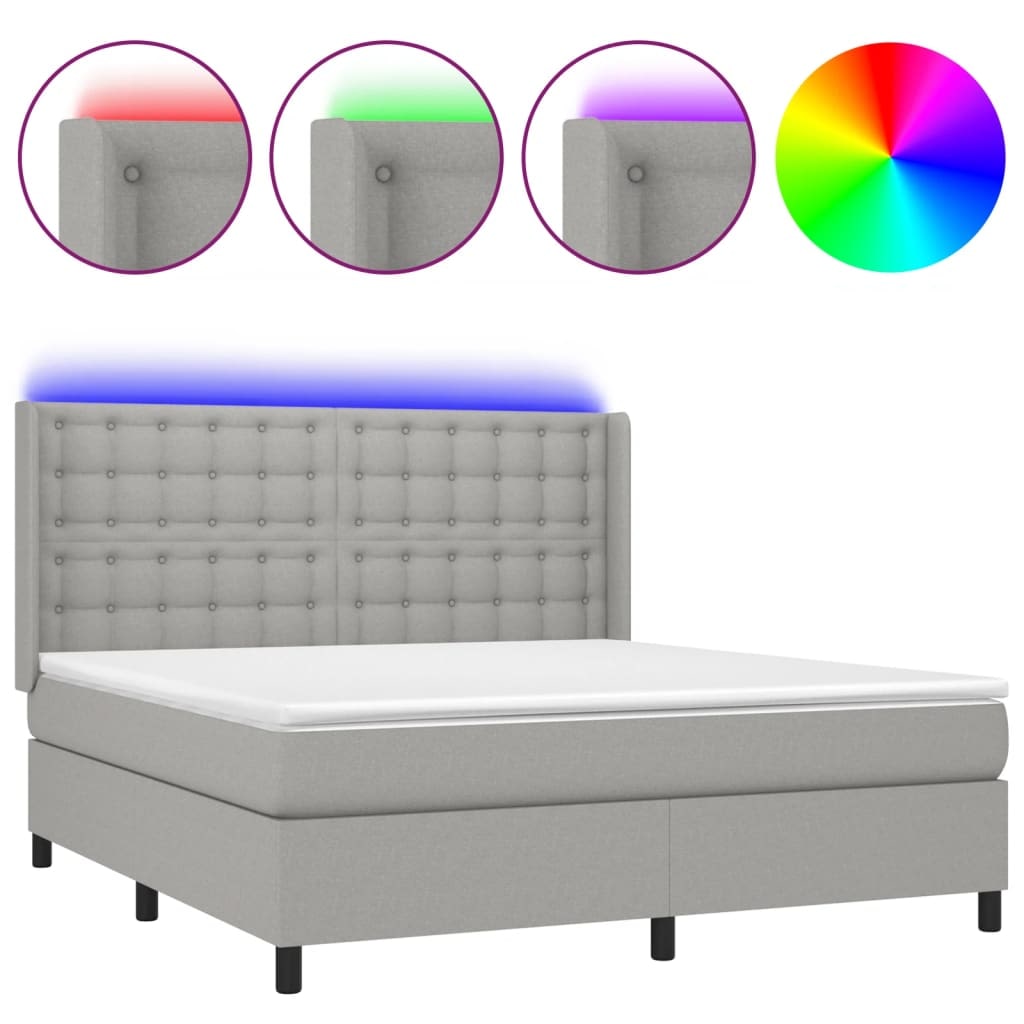 vidaXL Boxspringbett mit Matratze & LED Hellgrau 180x200 cm Stoff