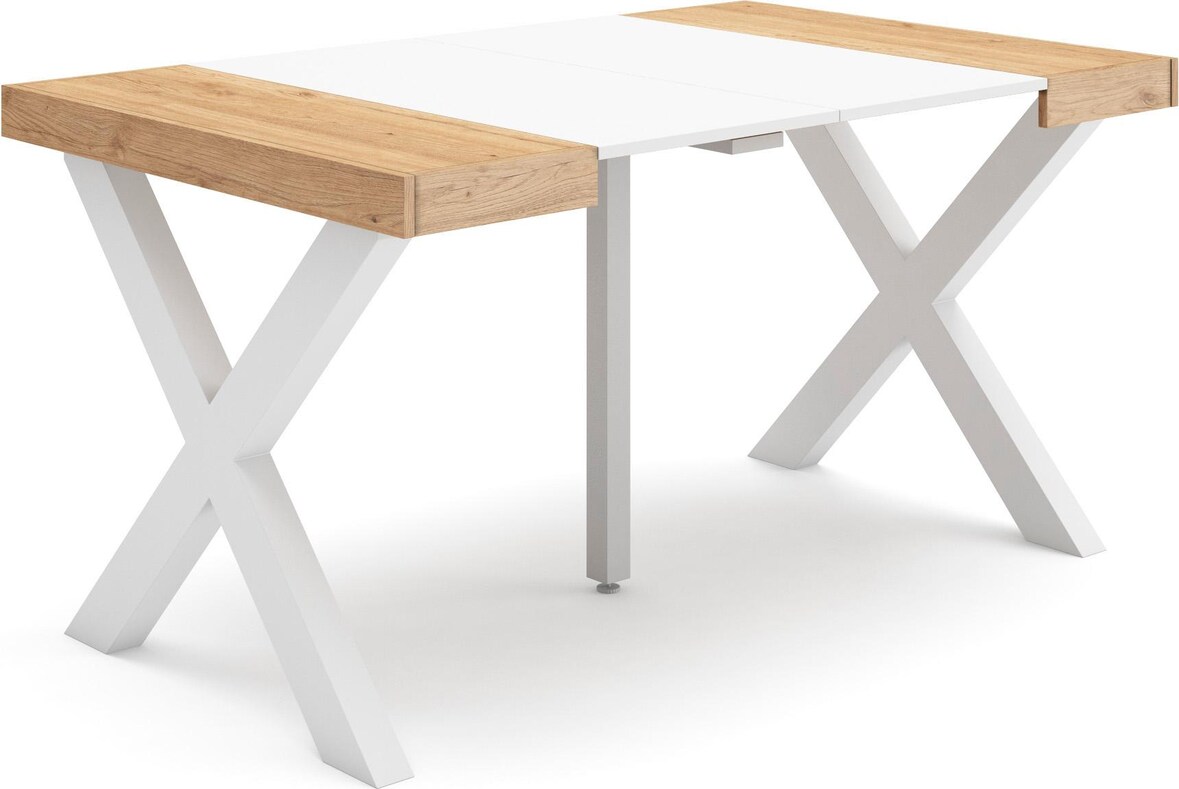 Ausziehbarer Konsolentisch, 140x90x73cm, Für 6 Personen, Holzbeine, Moderner Stil, Eiche und weiß _ 167_49
