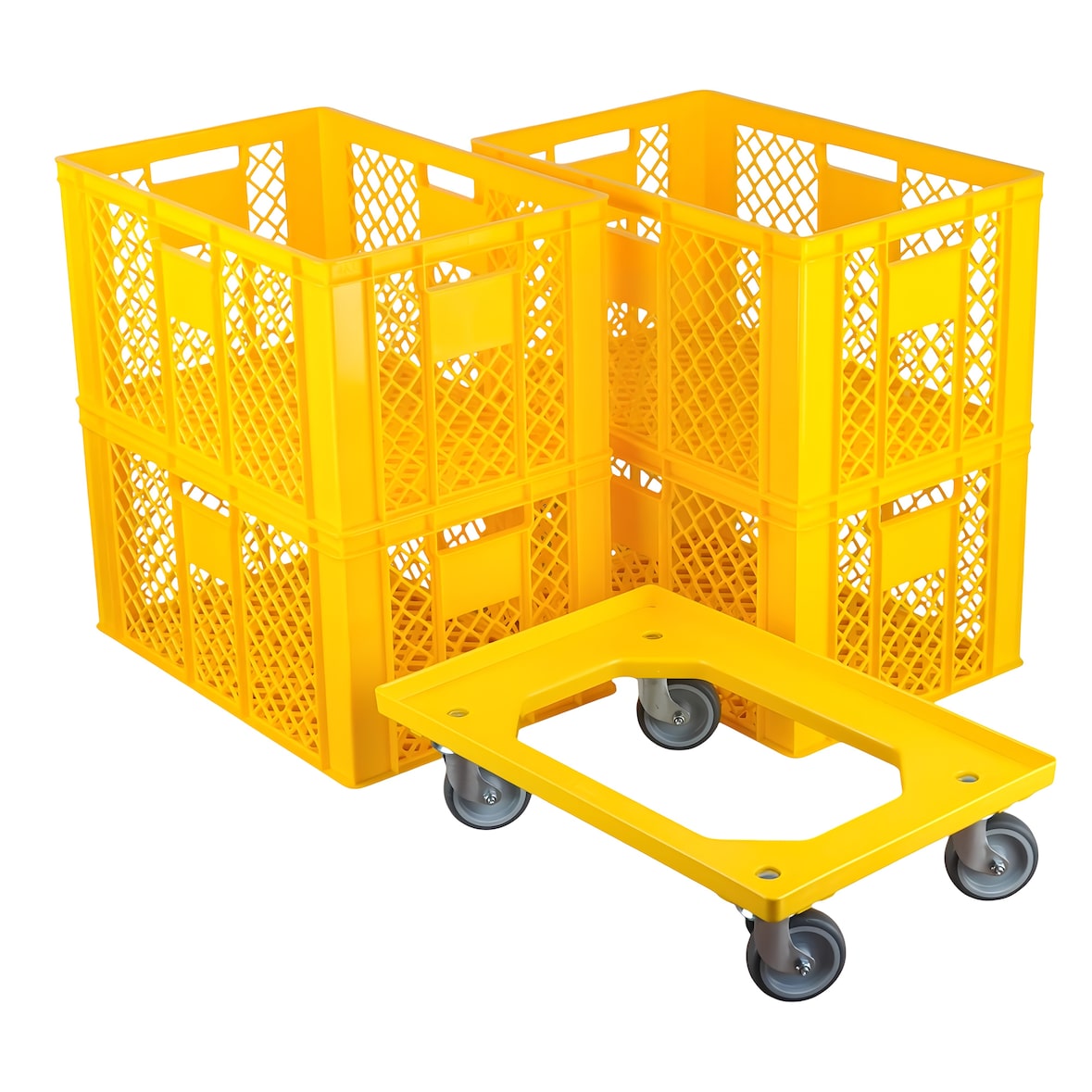 4 Stück Bäckerkisten 600 x 400 x 320 mm + 1 Transportroller in Gelb
