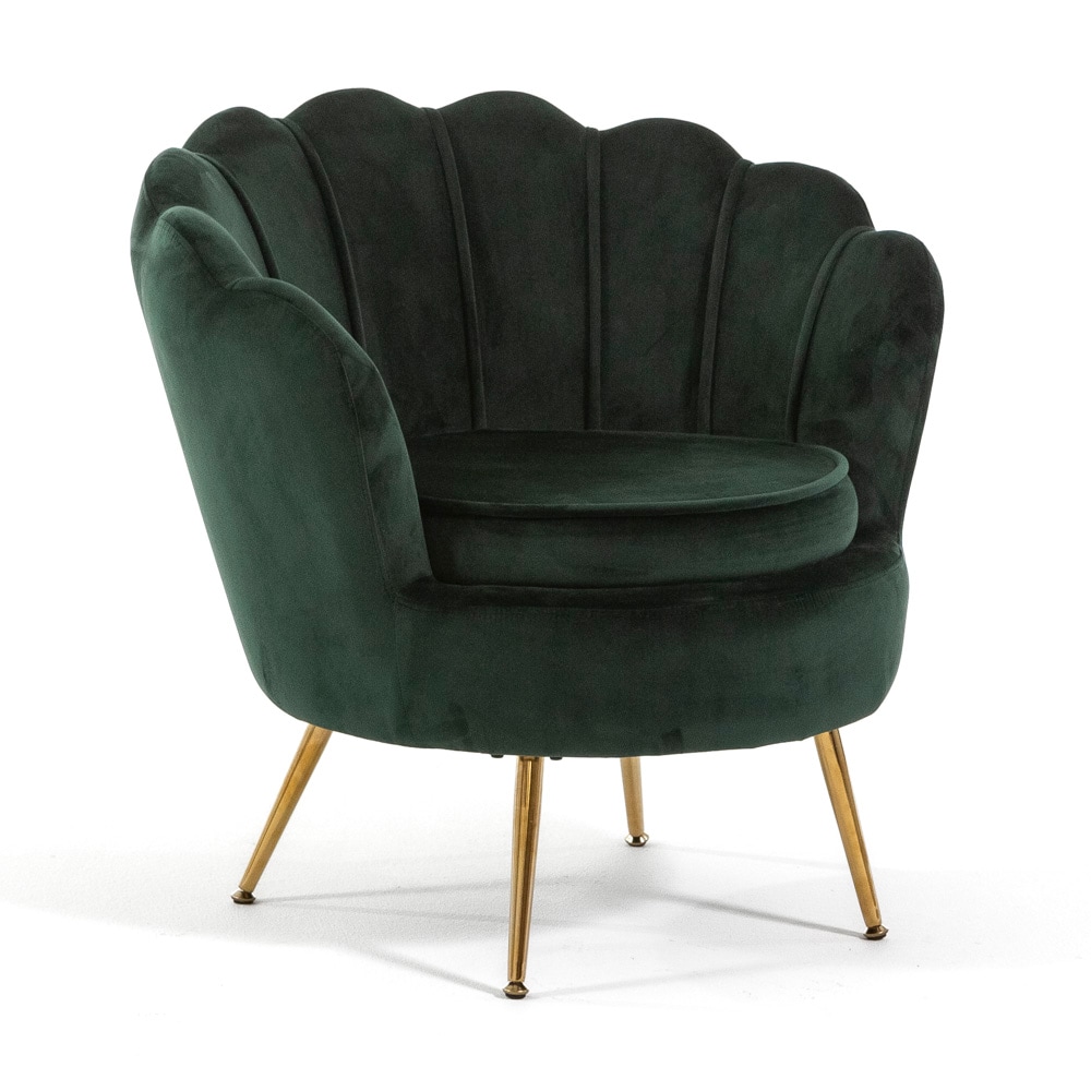 Samtstuhl für den Innenbereich in Muschelform, elegantes Design, mit Metallfüßen, ideal für Schlafzimmer oder Wohnzimmer – Perla – Dunkelgrün/Gold