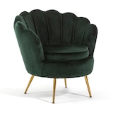 thumbnail of Samtstuhl für den Innenbereich in Muschelform, elegantes Design, mit Metallfüßen, ideal für Schlafzimmer oder Wohnzimmer – Perla – Dunkelgrün/Gold