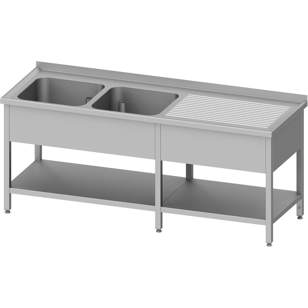 Spültisch mit Grundboden, 2400x600x850 mm, mit zwei Becken links, mit Aufkantung, verschweißt