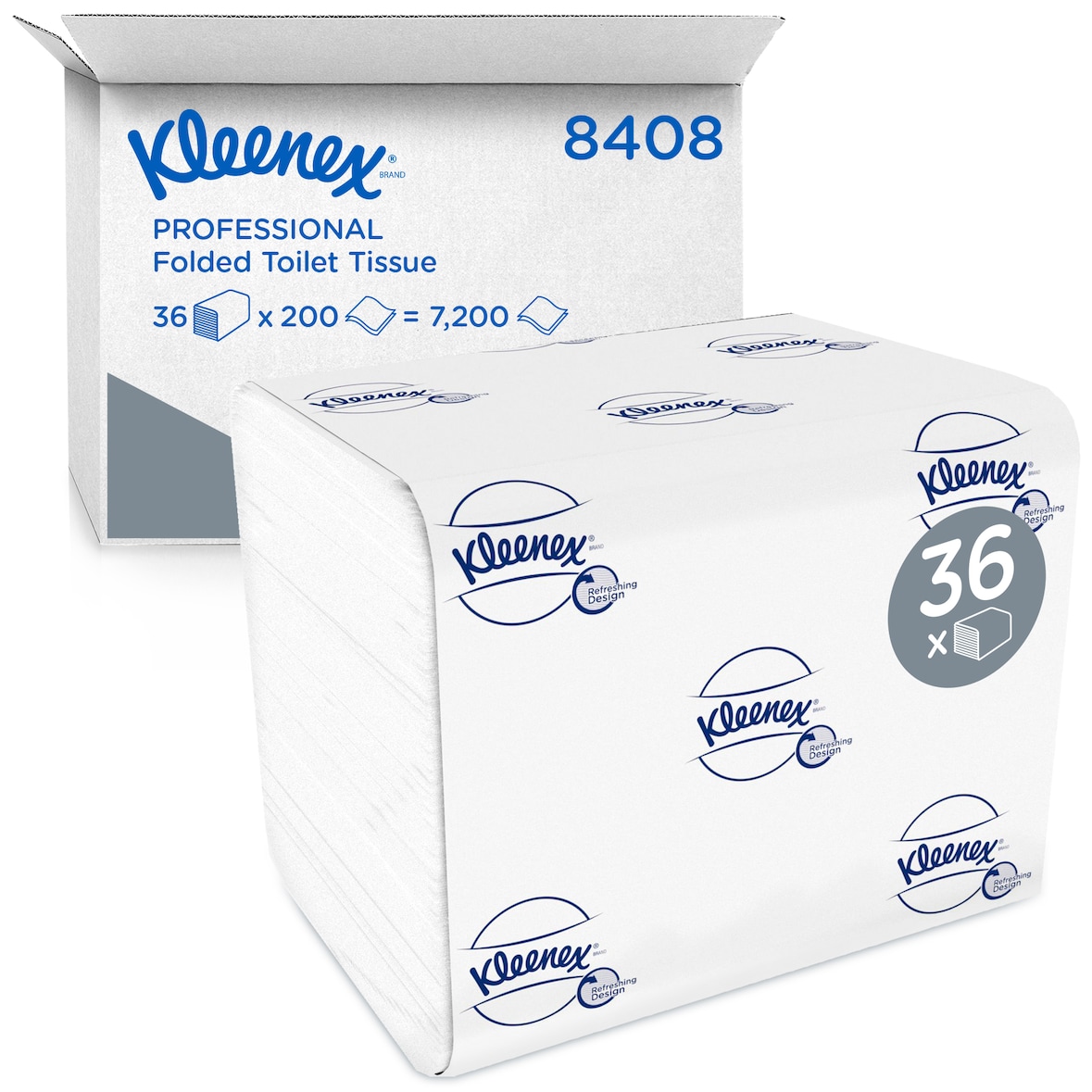 Papier toilette plié Kleenex 8408 - Papier toilette 2 plis grand format - 36 paquets x 200 feuilles de papier toilette (7 200 feuilles)