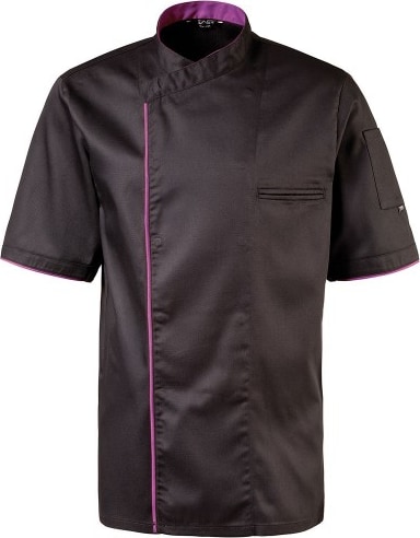 224 - Kochjacke halbarm, Druckknöpfe, Fb. schwarz mit farbiger Paspel : purple 65% Polyester 35%Baumwolle 220 g/m² S
