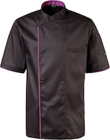 thumbnail of 224 - Kochjacke halbarm, Druckknöpfe, Fb. schwarz mit farbiger Paspel : purple 65% Polyester 35%Baumwolle 220 g/m² S