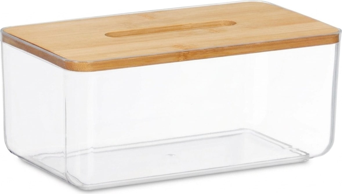 Relaxdays Tücherbox, Kunststoff & Bambus, Kosmetiktücher Box, eckige Tuchbox, HxBxT 10 x 23,5 x 13 cm, transparent/natur