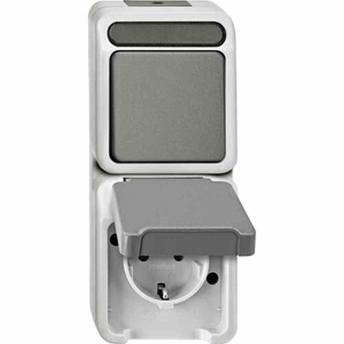Merten AQUASTAR Kombination Steckd/Schalt, Wechselschalter, Aufputz, lichtgrau, IP44, matt