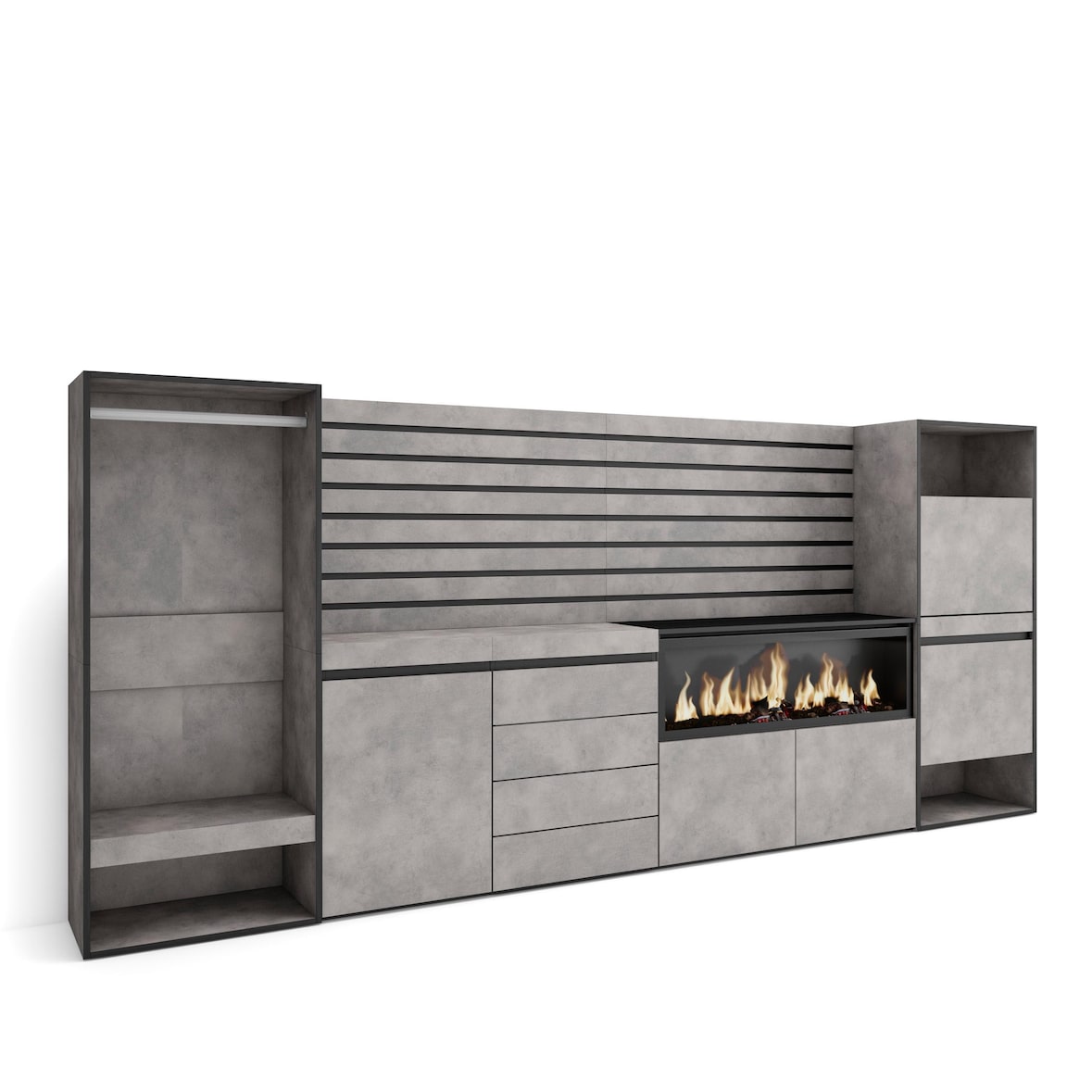 Sideboard, Mobil, Buffet, Ablage, 334x35x145cm, Schlafzimmer, XXL-Elektrokamin, Schubladen, Schuhschrank, Offener Schrank, Zementgrau _ 450_64