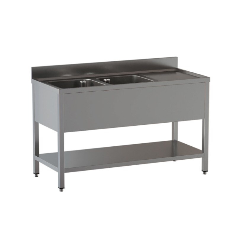Lavatoio in acciaio inox su gambe con ripiano 2 vasche con gocciolatoio a destra L150xP60xH85cm