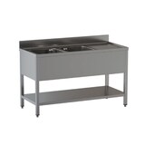 thumbnail of Lavatoio in acciaio inox su gambe con ripiano 2 vasche con gocciolatoio a destra L150xP60xH85cm