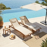 thumbnail of Lot de 2 bains de soleil en bois inclinable avec roues écru