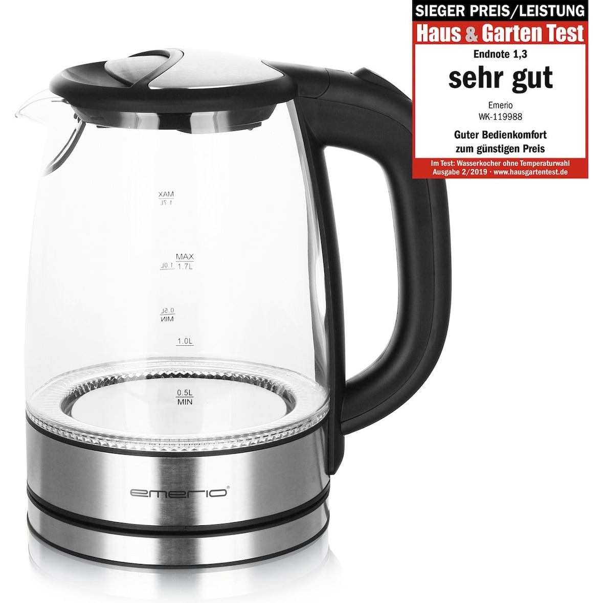 Emerio WK-119988 Wasserkocher 1,7 l 2200 W Schwarz, Edelstahl
