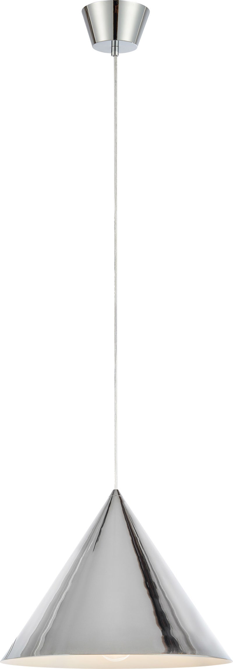 Eine silberne Pendelleuchte in Kegelform.