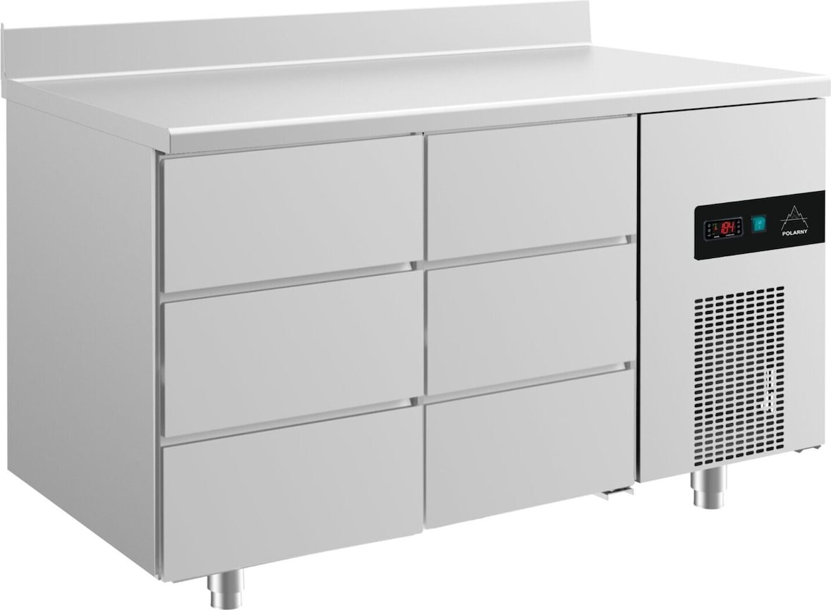 Gastro Edelstahl Kühltisch Umluft 3 links /3 Schubladen rechts Aufkantung, 1400x700x850mm -2/+8°C
