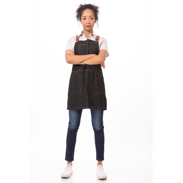 Chef Works® Urban Kollektion, BERKELEY Latzschürze (kurz) inkl. Desert-Braun Berkeleyträger, Denimblack, Cross Back, 100% Baumwolle