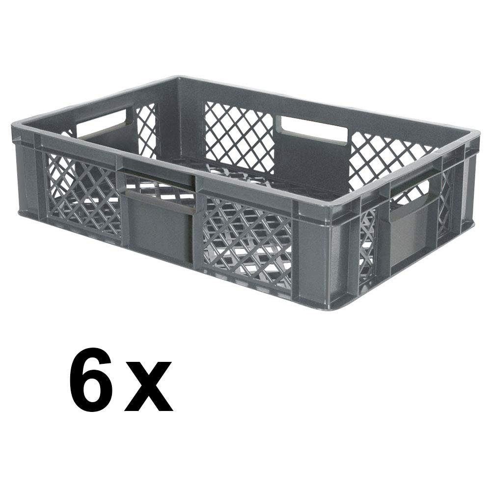 6x Eurobehälter durchbrochen/Stapelkorb, PE-HD grau, Industriequalität, lebensmittelecht, LxBxH 600 x 400 x 150 mm