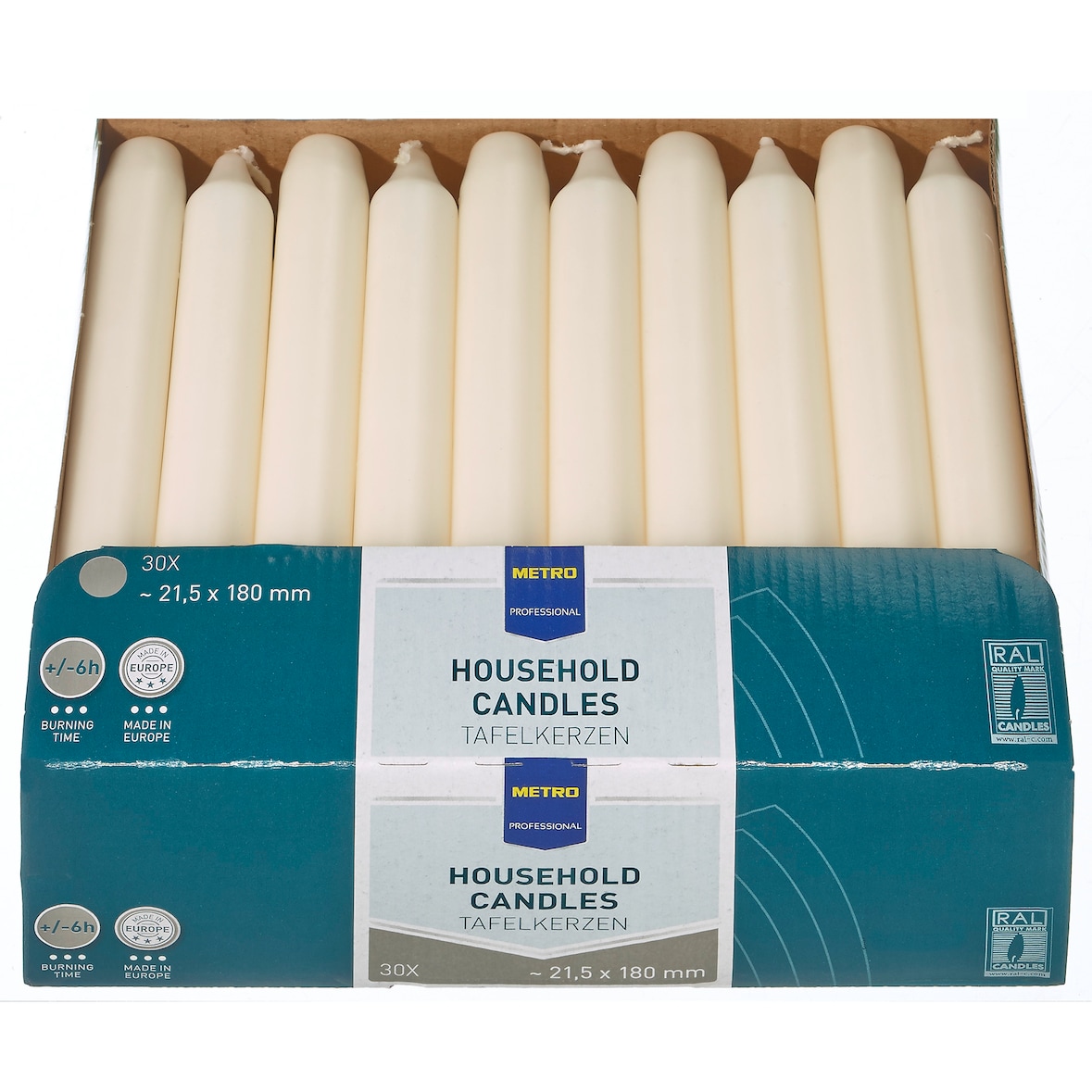 METRO Professional Candele da tavola, paraffina, 2,15 x 18 cm, circa 6 ore, avorio, 30 pezzi