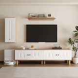 thumbnail of Wohnwand 3-teilig TV Lowboard Vitrine Wandboard Weiß+Naturholz 48x170x40 cm mit geschnitzten Türpaneelen flexiblem Kombi Design und viel Stauraum