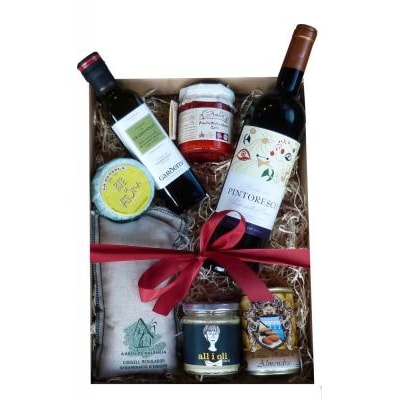 DieGeschenkkorbmacher Spanische Geschenkbox Delicato, 7-tlg., mit Rotwein, Tapas, Paellareis und Feinkost