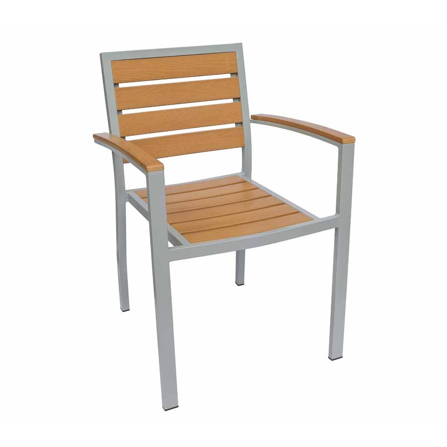 Terrassenstuhl Izola mit Armlehnen, Innen- und Outdorstuhl, Farbe Teak, Gestell Silber