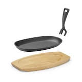 thumbnail of HENDI Gietijzeren schaal met houten onderlegger en greep, Zwart, 280x140x(H)30mm