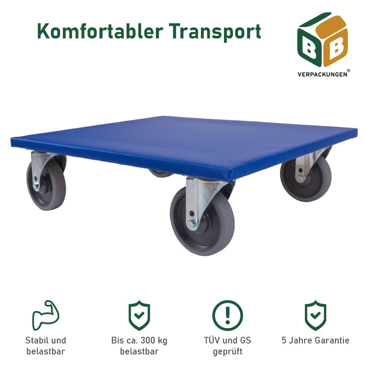 1 x Möbelroller (600 x 500 x 165 mm) 300 kg Traglast Gummi-Lenkrollen spurloses Rollverhalten Möbelhund BB-Verpackungen