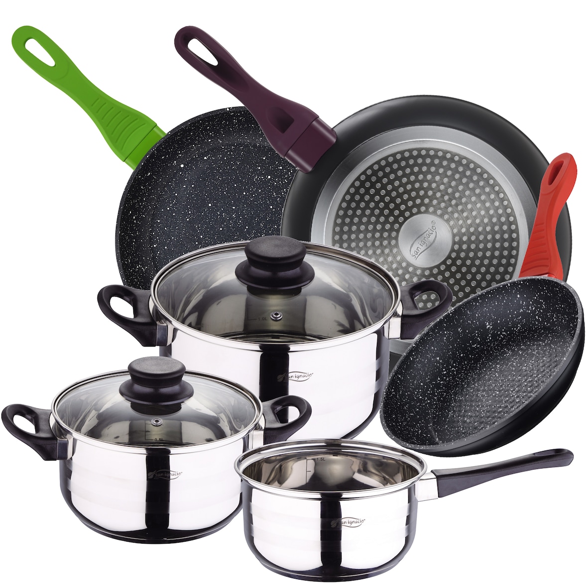 San Ignacio - Batería de cocina Toledo: 3 Ollas con Tapas y Juego de 3 sartenes 20/24/28cm en Acero inox/Aluminio forjado