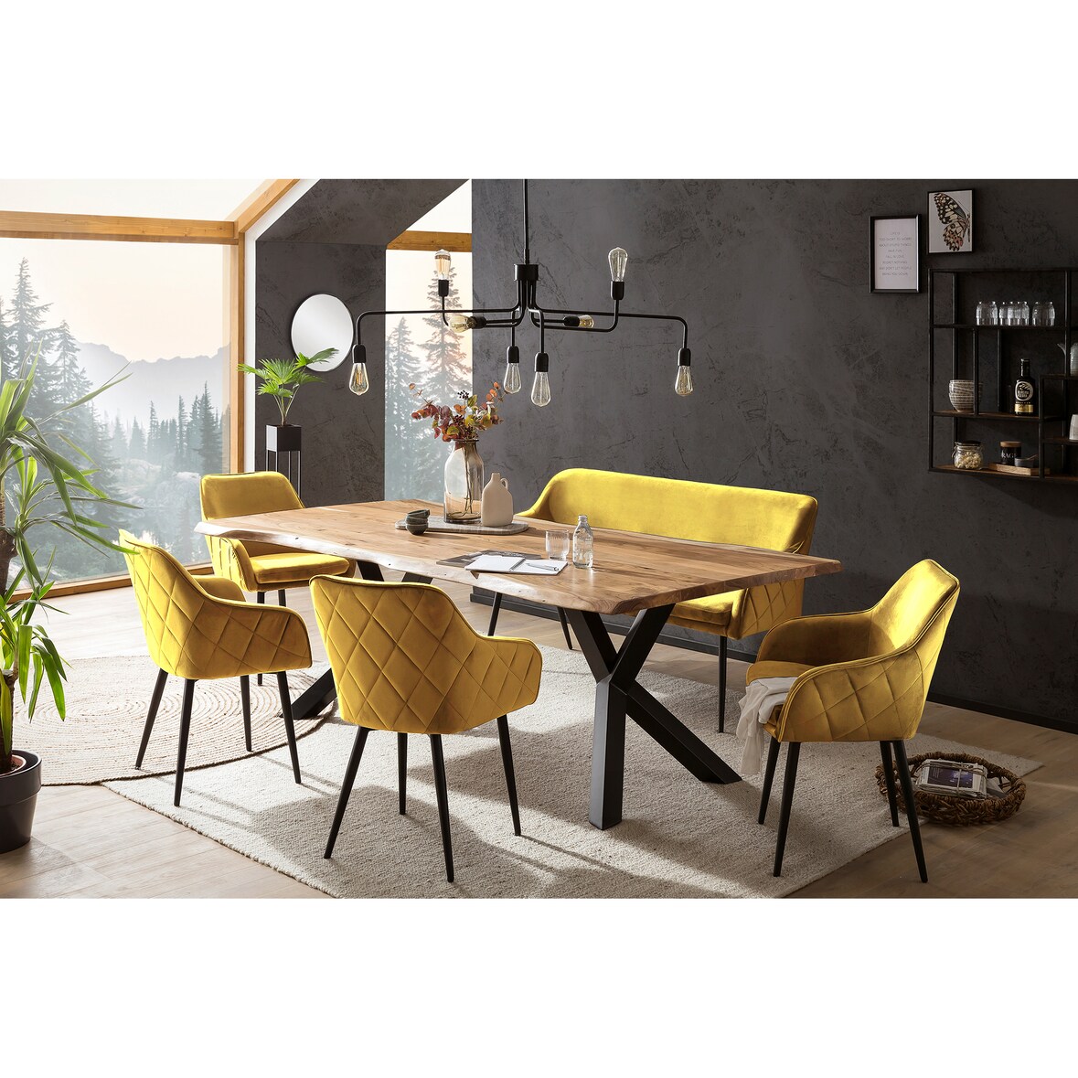 SalesFever 6-tlg. Akazie-Essgruppe 220x110 cm, Platte 35 mm Akazie, Metallgestelle, 4 Stühle & 1 Bank in Samt-Optik, natur – schwarz – senfgelb