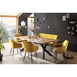 thumbnail of SalesFever 6-tlg. Akazie-Essgruppe 220x110 cm, Platte 35 mm Akazie, Metallgestelle, 4 Stühle & 1 Bank in Samt-Optik, natur – schwarz – senfgelb