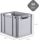 thumbnail of PROREGAL SuperSparSet 4x Eurobox NextGen Grip mit Auflagedeckel & 4 schwarzen Verschlüssen, HxBxT 32x30x40cm, 30L, Grau, Griffe offen, Eurobehälter