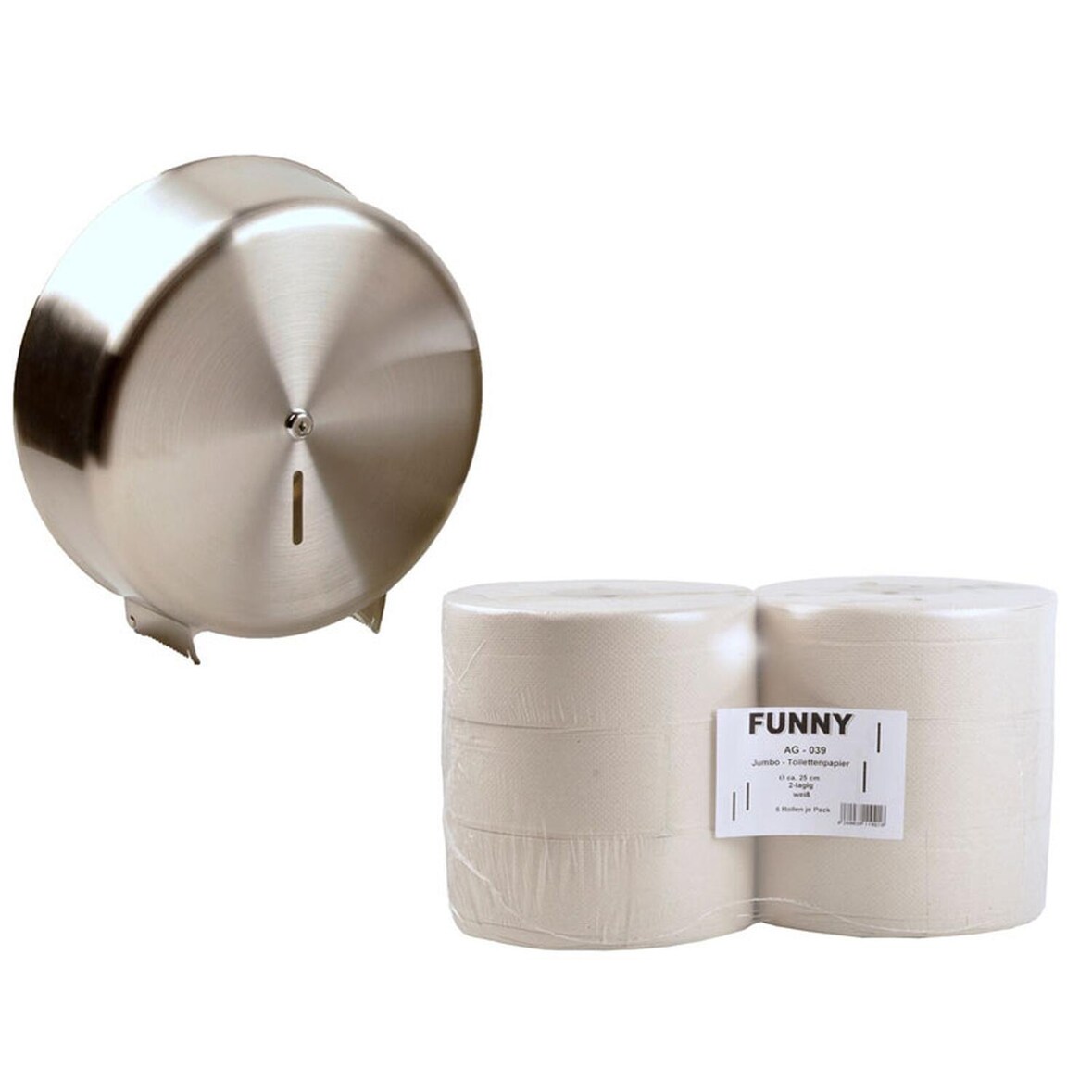 Toilettenpapier-Spender für Jumborollen Edelstahl inkl. 6 hellgraue Rollen