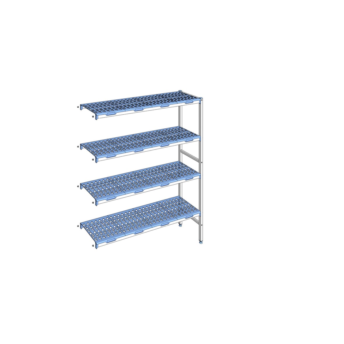 Alu Tournus-aanbouwlegbord met geperforeerde kunststof panelen:  1453 mm lang, 400 mm diep, 1750 mm hoog, 4 niveaus  Draagvermogen: 200 kg / niveau